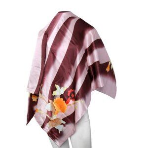 Vintage Asian Silk Shawl Scarf Floral Stripe Maroon Pink Yellow Retro